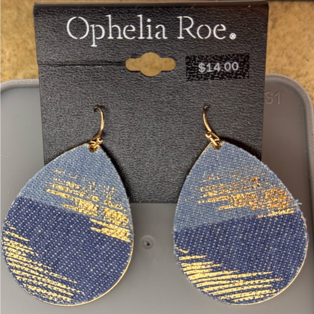 Ophelia Roe Blue Jean and Gold Teardrop Earrings 2.25in